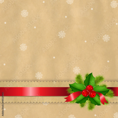 Vector: Retro Paper Bow And Holly Berry Retro Paper Bow And Holly Berry