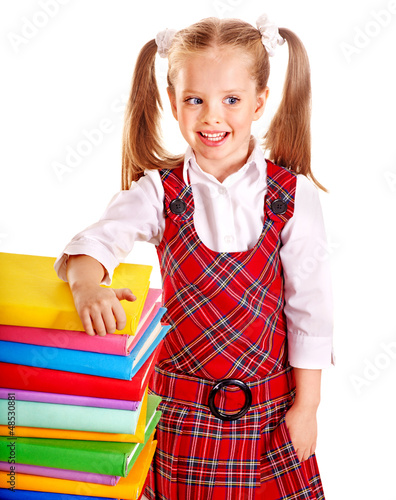 Photo: Child with stack book. Child with stack book.