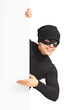 A thief with robbery mask gesturing on a panel