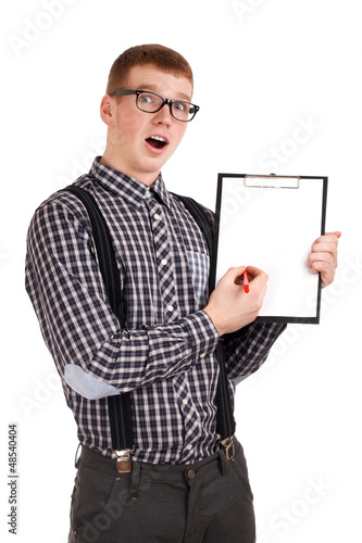 Photo: Portrait of a young man with clipping board Portrait of a young man with clipping board