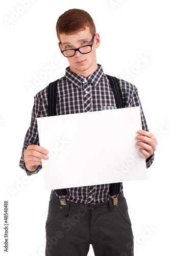 Photo: Portrait of a young man with blank board Portrait of a young man with blank board