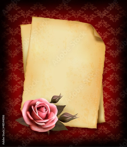 Vector: Retro background with beautiful pink rose and old paper. Vector Retro background with beautiful pink rose and old paper. Vector