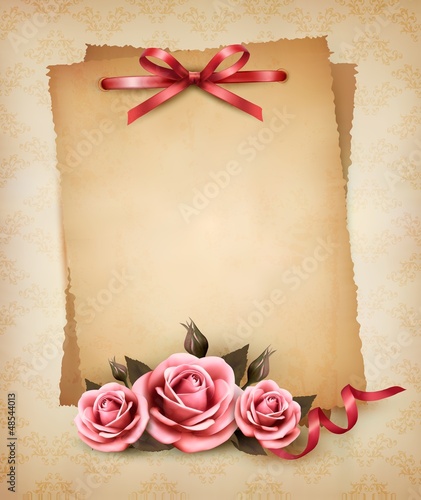 Vector: Retro background with beautiful pink rose and old paper. Vector Retro background with beautiful pink rose and old paper. Vector