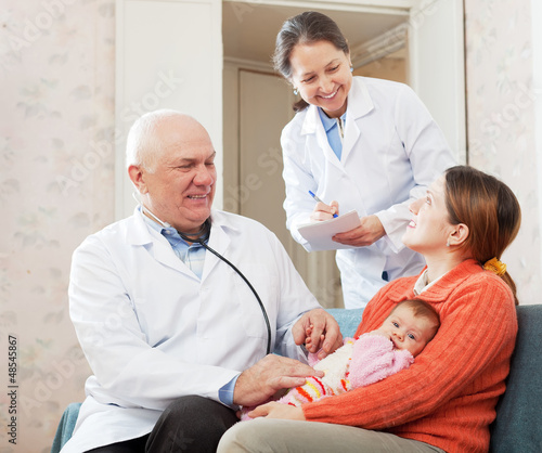 Photo: pediatrician doctor talks with mother of newborn baby pediatrician doctor talks with mother of newborn baby