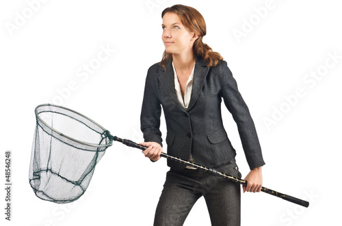 Photo: Woman with net isolated on white Woman with net isolated on white
