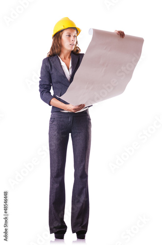 Photo: Woman construction worker with hard hat on white Woman construction worker with hard hat on white