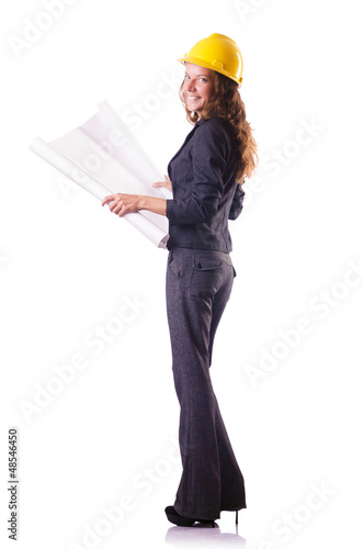 Photo: Woman construction worker with hard hat on white Woman construction worker with hard hat on white