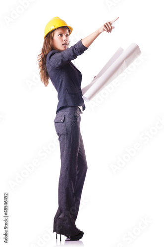 Photo: Woman construction worker with hard hat on white Woman construction worker with hard hat on white