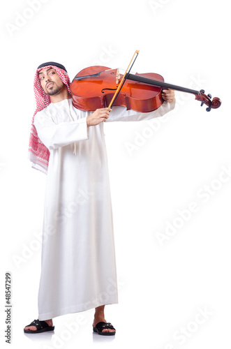 Photo: Arab man playing cello isolated on white Arab man playing cello isolated on white