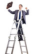 Businessman climbing career ladder on white