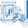 Sketch of quiet street with shop in Mediterranean town