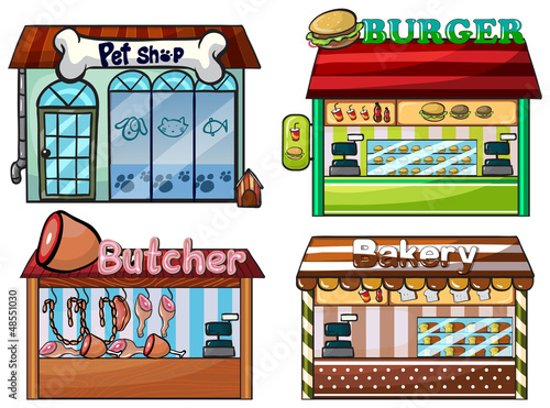 Vector: Petshop, burger stand, butcher shop, and bakery Petshop, burger stand, butcher shop, and bakery