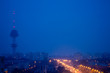 beautiful light trail on the road tower, blue hour in village