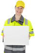 Pannenhelferin mit leerem Schild