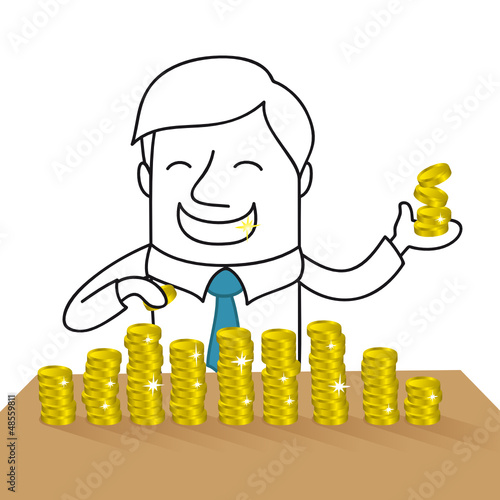 Vector: Geschäftsmann, Reichtum, Geld zählen, Münzen Geschäftsmann, Reichtum, Geld zählen, Münzen