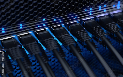 Illustration: Modern network switch with cables. Modern network switch with cables.