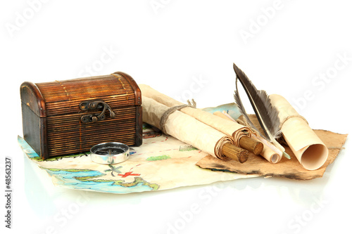 Photo: map and treasures, isolated on white map and treasures, isolated on white