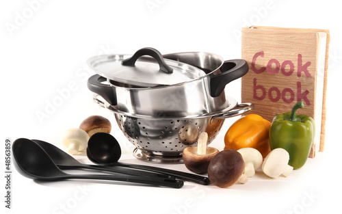 Photo: composition of kitchen tools and vegetables isolated on white composition of kitchen tools and vegetables isolated on white