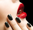Makeup and Manicure. Black Nails and Red Lips