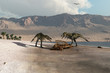 Dinosaurs foraging on the beach