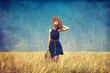 Lonely girl with suitcase at country. Photo in old color image s