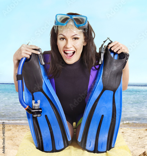 Photo: Girl wearing diving gear. Girl wearing diving gear.