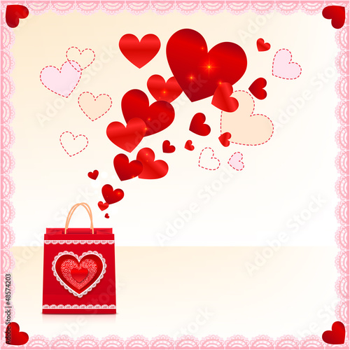 Vector: Red paper shopping bag with flying hearts vector card template Red paper shopping bag with flying hearts vector card template