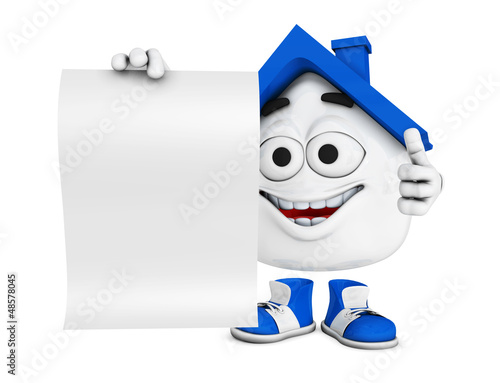 Illustration: Kleines 3D Haus Blau mit blanko Schild Kleines 3D Haus Blau mit blanko Schild