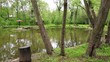 Table and benches ashore of small pond at summer