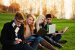 Photo: Four students working on laptops in the park Four students working on laptops in the park