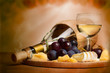 Gourmet food background, border with wine, cheese and grapes