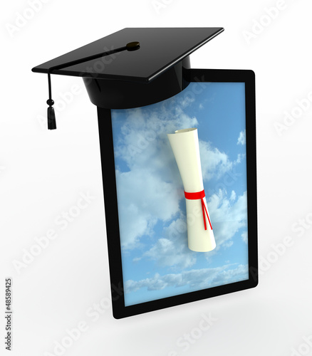 Illustration: tablet pc with Graduation Cap and Diploma on the screen tablet pc with Graduation Cap and Diploma on the screen