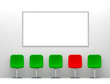 One Red Chair and Four Green Chairs in the White Interior