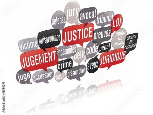 Illustration: nuage de mots bulles 3d : justice nuage de mots bulles 3d : justice