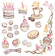 Geburtstag, Kaffee, Kuchen, Süßigkeiten, vector set
