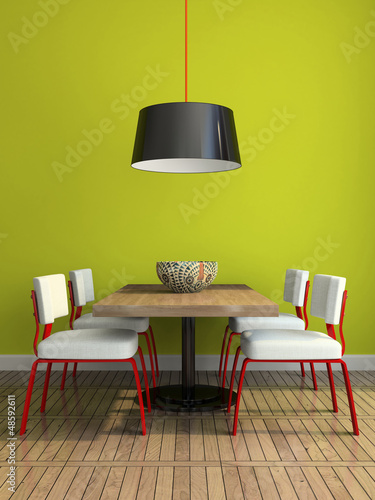 Illustration: Part of the modern dining-room with green wall Part of the modern dining-room with green wall