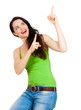 Happy beautiful woman pointing