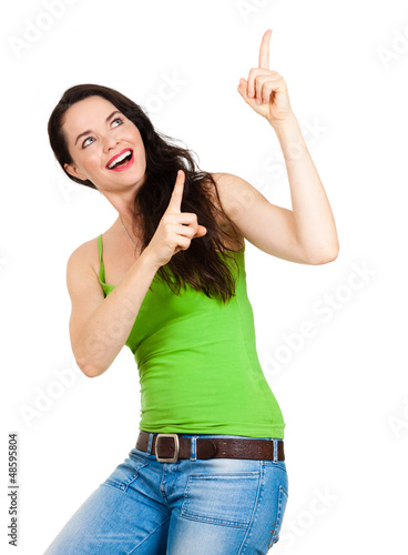 Photo: Happy beautiful woman pointing Happy beautiful woman pointing