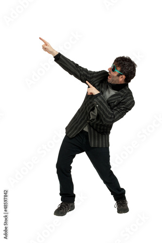 Photo: man indicate on white background man indicate on white background