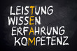 Kreidetafel mit Leistung, Wissen, Erfahrung, Kompetenz