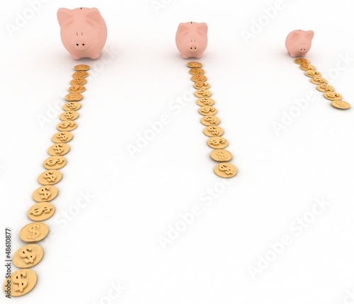 Illustration: three piggy-bank with paths from coins three piggy-bank with paths from coins