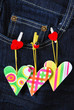 valentine`s card with hearts on denim pocket
