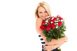pretty blonde woman holding bunch of roses