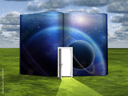 Illustration: Book with science fiction scene and open doorway of light Book with science fiction scene and open doorway of light