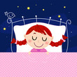 Vector: Cute little dreaming girl in bed with sky in the background Cute little dreaming girl in bed with sky in the background
