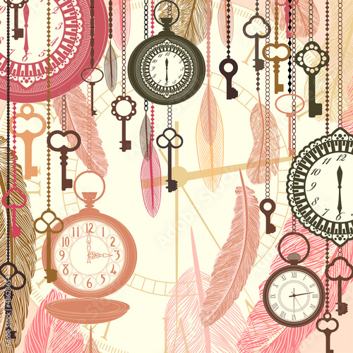 Vector: Vintage vector background with pocket watches and feathers Vintage vector background with pocket watches and feathers