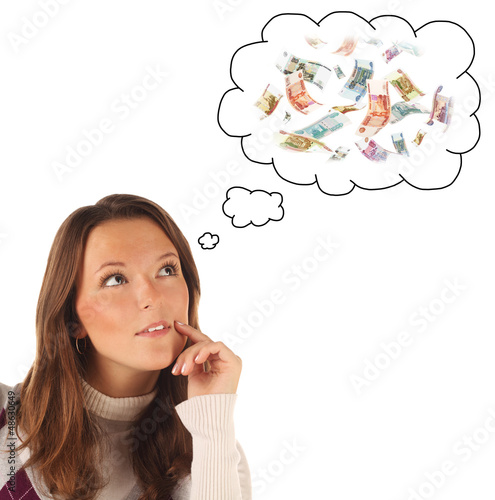 Photo: Girl dreaming about money (rouble's banknotes) Girl dreaming about money (rouble's banknotes)