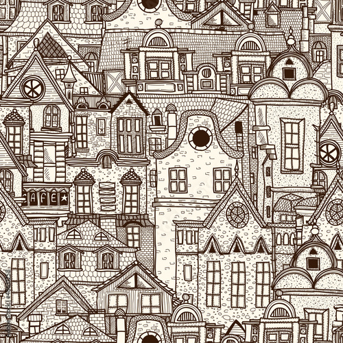 Vector: Hand-drawn seamless pattern with old town Hand-drawn seamless pattern with old town