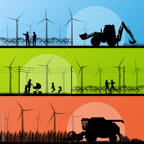 Vector: Wind electricity generators and windmills in countryside Wind electricity generators and windmills in countryside