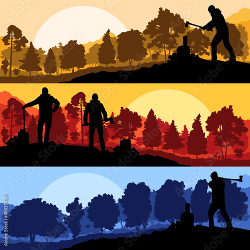 Vector: Loggers with axes in wild mountain forest nature landscape Loggers with axes in wild mountain forest nature landscape